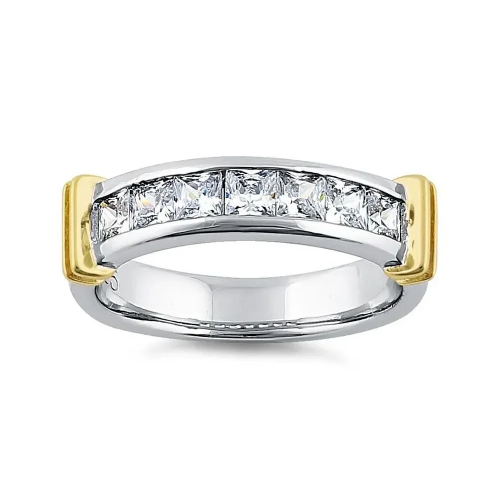 Sterling Silver Men's Two Tone Yellow Gold Wedding Band CZ Ring New